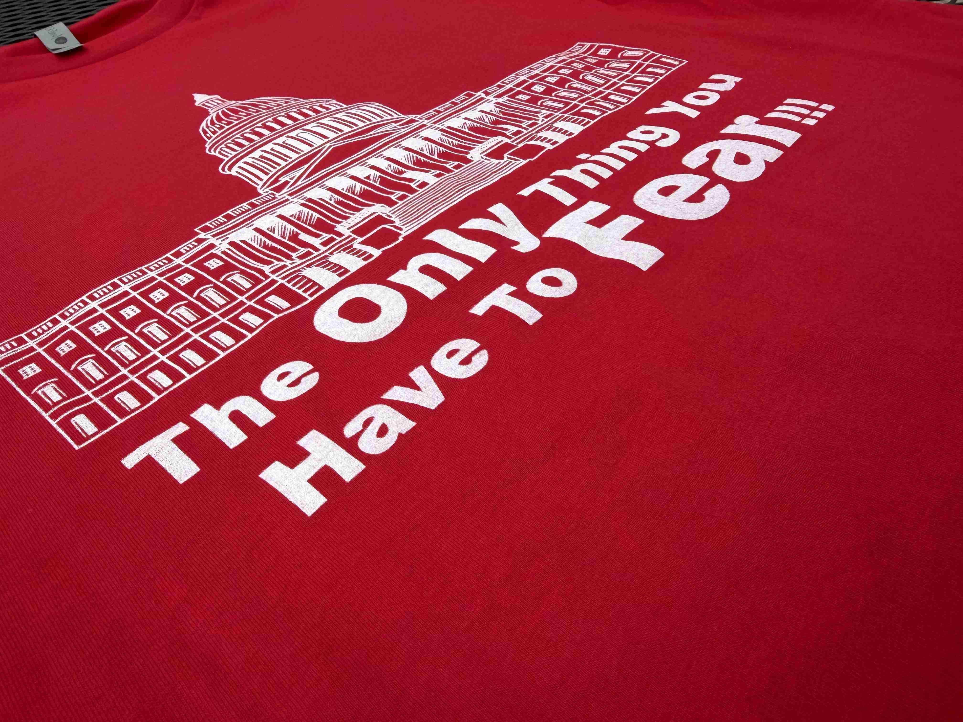 Custom screen printed red apparel with architectural design