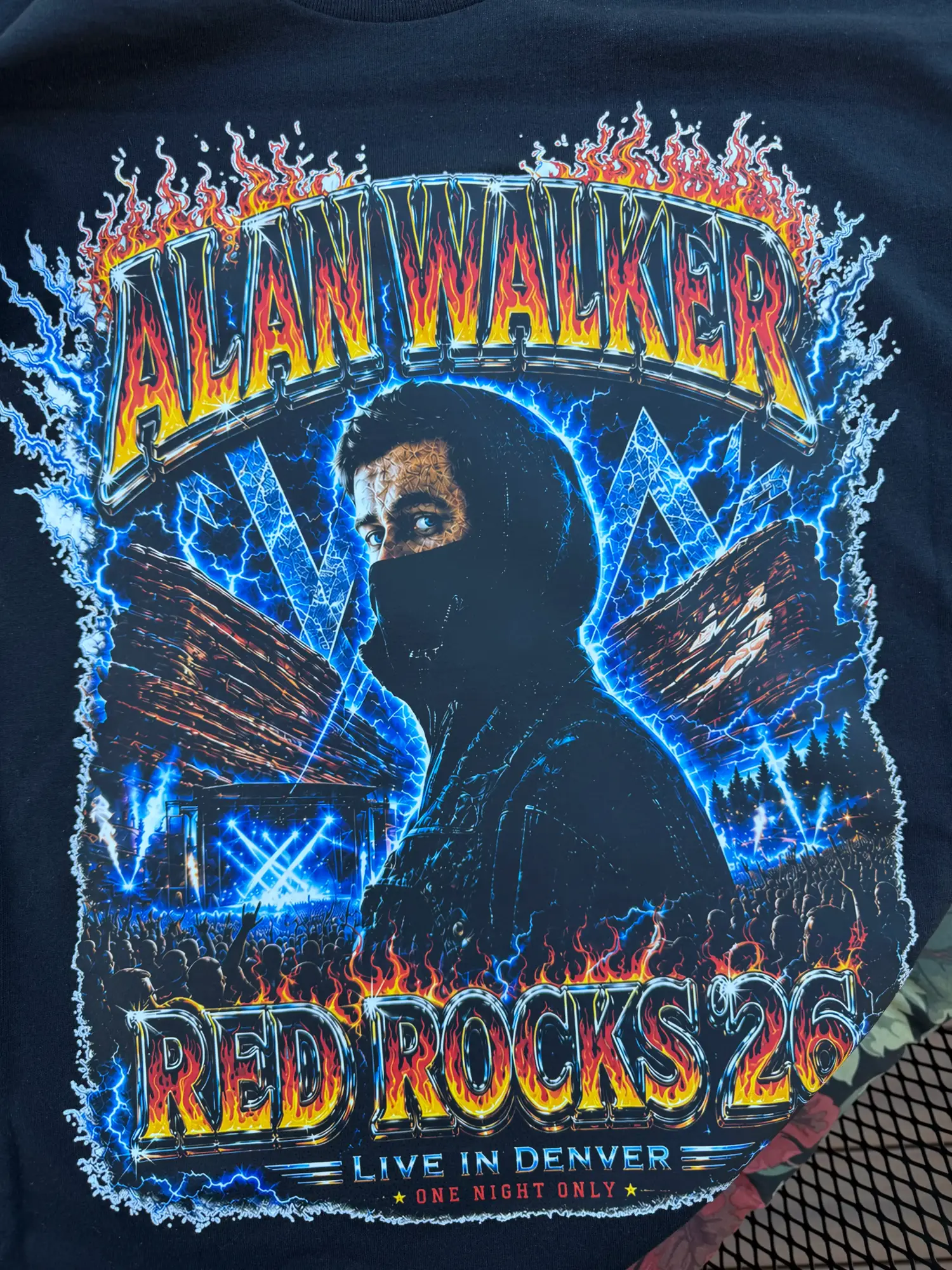 Full-colour “Alan Walker — Red Rocks ’26” concert print on a black tee