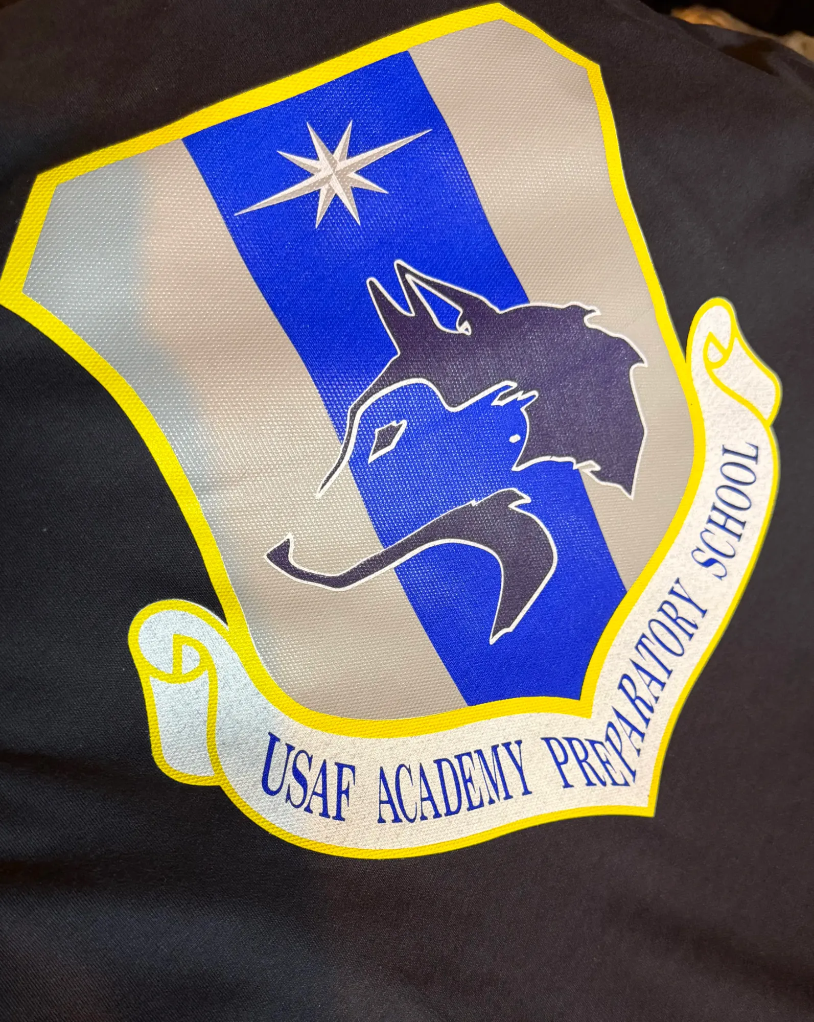 Full-colour USAF Academy Preparatory School crest printed on a black shirt