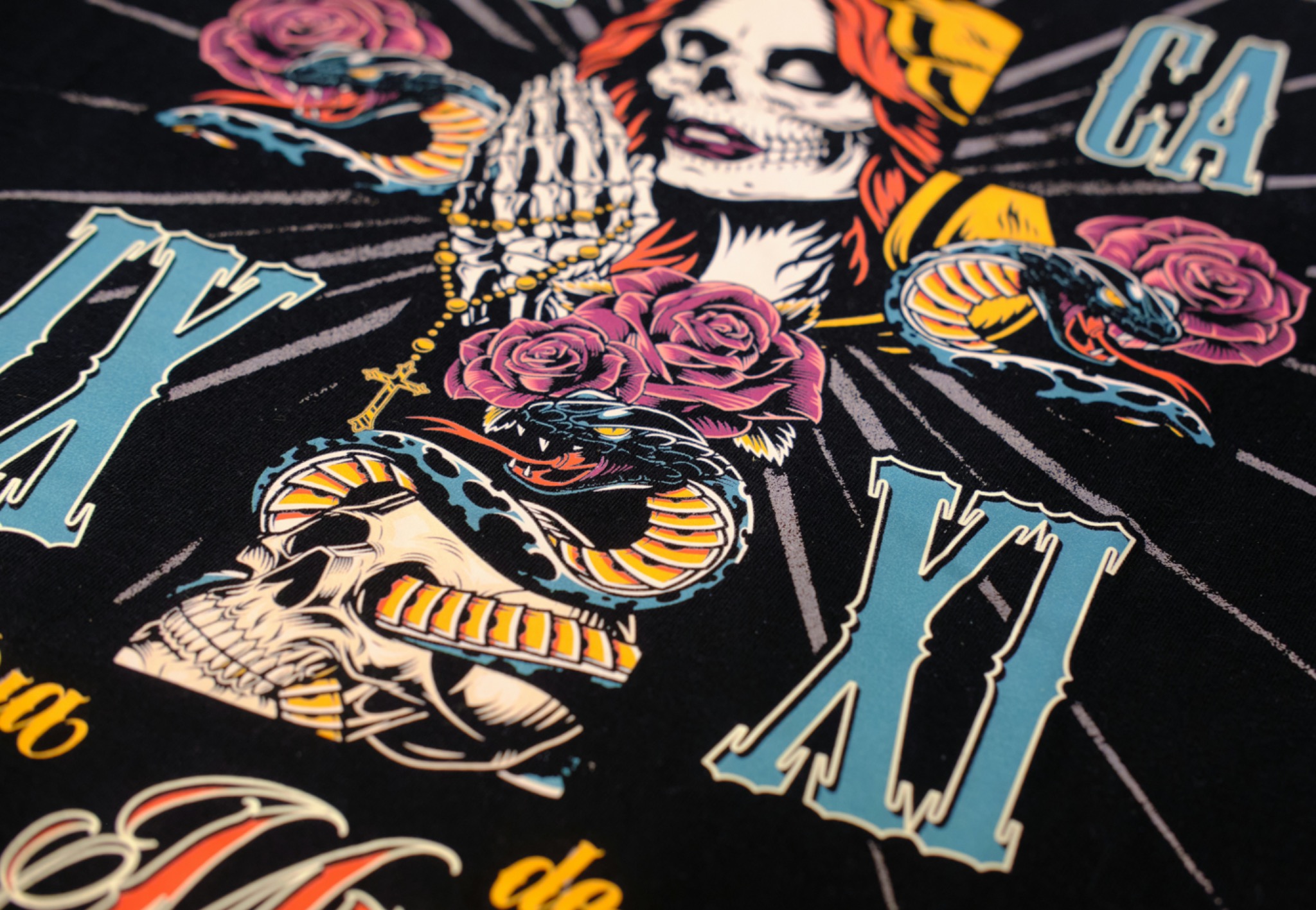 Up close shot deatiling high quality print of day of the dead hispanic multi color screen print design.